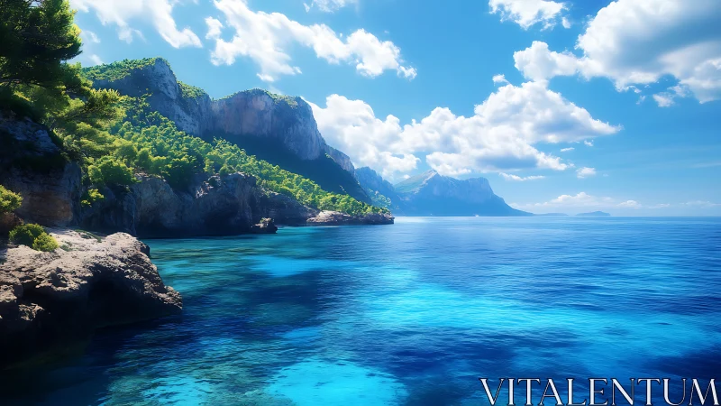 Rocky coastline with turquoise sea under bright summer sky.