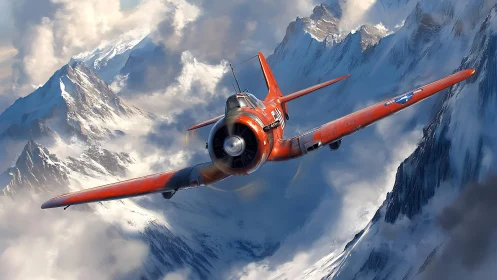 Crimson warbird soaring low between icy alpine peaks.
