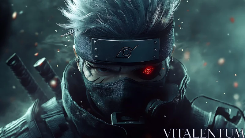 High-contrast shinobi portrait emphasizes cybernetic Sharingan eye