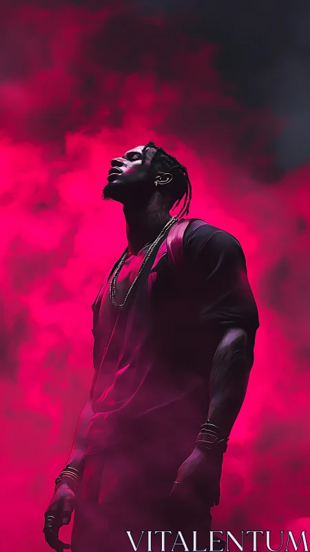 Lone figure ascends in neon magenta smoke and dramatic light