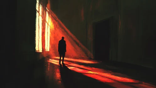 Silhouette in red light beside tall window in dark room.