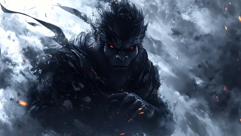 Demonic warrior emerges from stormcloud chaos in blue fire.