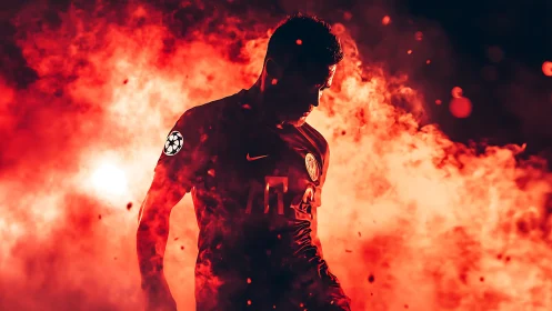 Silhouetted footballer in red pyrotechnic smoke, dynamic bokeh