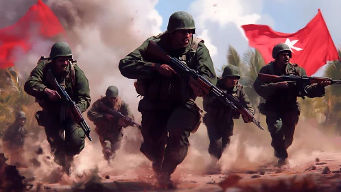 Infantry soldiers advance through smoke with national flags