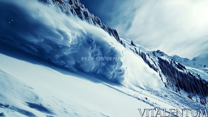 High-velocity alpine avalanche front on steep coniferous slope.