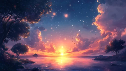 Glowing fantasy sunset welcomes calm skies and gentle sea