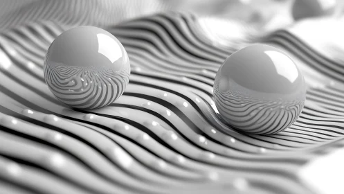 Gentle glassy spheres drifting across soft striped waves.