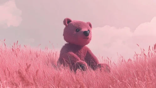 3D bear model sits in monochromatic pink grassy field