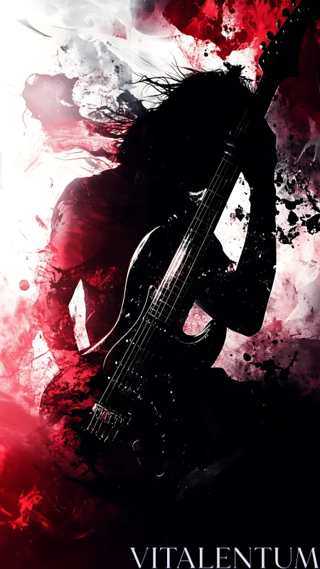 Silhouette rock guitarist in splattered red abstract art.