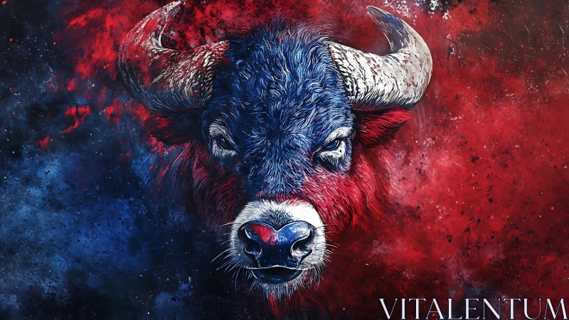 Bison portrait splits into red and blue cosmic paint clouds