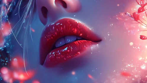 Macro close-up digital painting of glossy red feminine lips