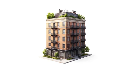 3D corner apartment block with rooftop garden detailing.