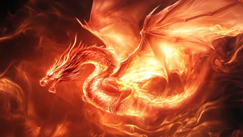 Digital painting of a luminous fire dragon in dynamic ascent.
