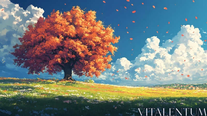 Autumn tree conducts a windy symphony above a painted meadow