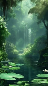 Emerald veil lagoon cradling secret waterfalls in light.