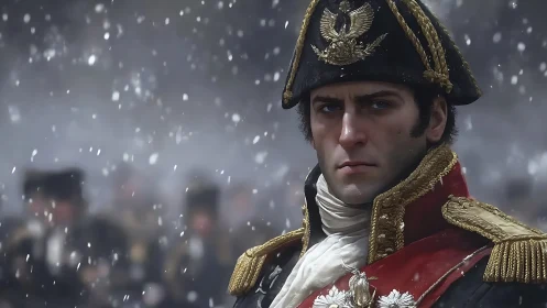 Napoleonic officer portrait in snowbound battlefield scene.