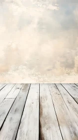 Weathered wooden floor meets textured beige wall surface