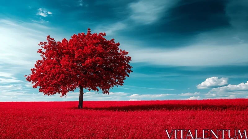 Crimson tree on scarlet field under cyan sky landscape.
