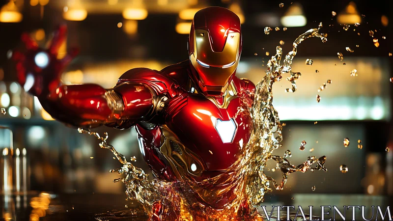 Metallic humanoid figure emerges through splashing liquid surface