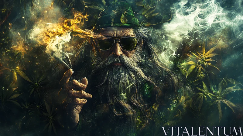 Elderly bearded man smoking amid glowing cannabis leaves.