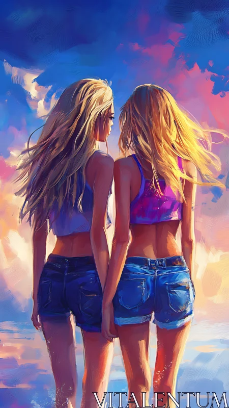 Sunlit friends walking under vivid painted sunset sky.