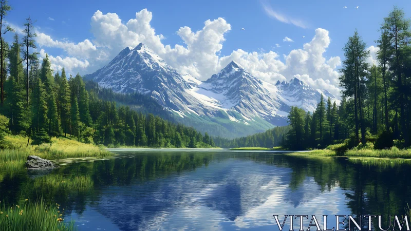 High alpine lake with conifer forest and snowcapped peaks