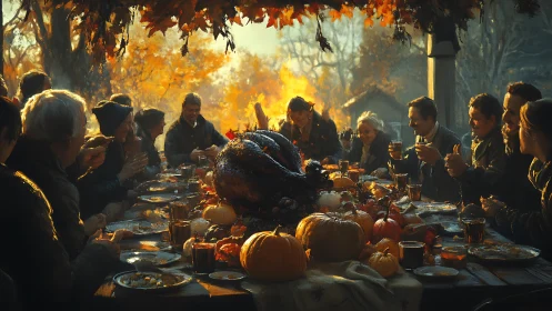 Large family gathers outdoors around autumn feast table.