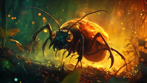 Bioluminescent beetle-like insect in glowing forest habitat.