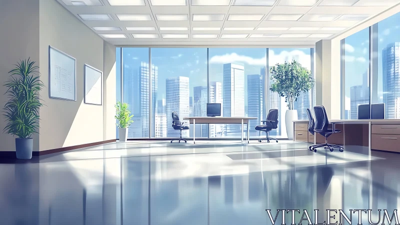Sunlit modern office interior with panoramic city skyline.