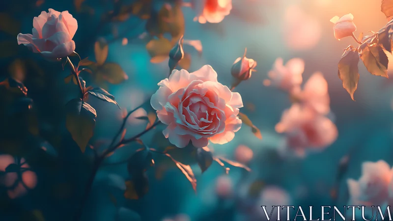 Pink roses photographed through warm backlighting and selective focus.