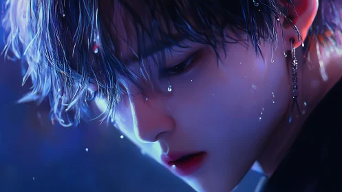 Melancholic portrait of wet youth in neon rim lighting.