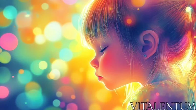 Child profile portrait set against vivid multicolor bokeh