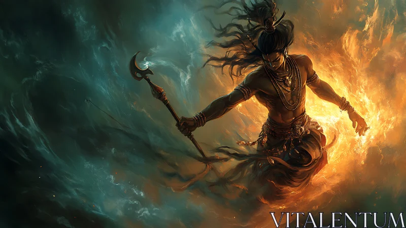 Fiery warrior dancing through swirling storm and light.