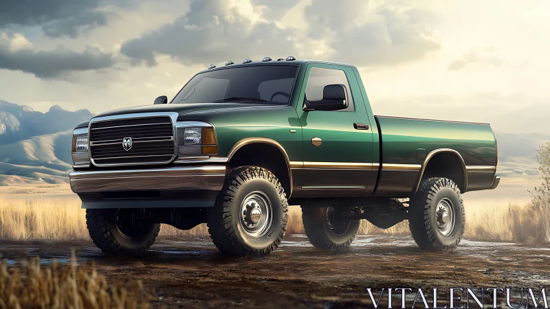 Green lifted pickup truck dominates sunlit desert plain.