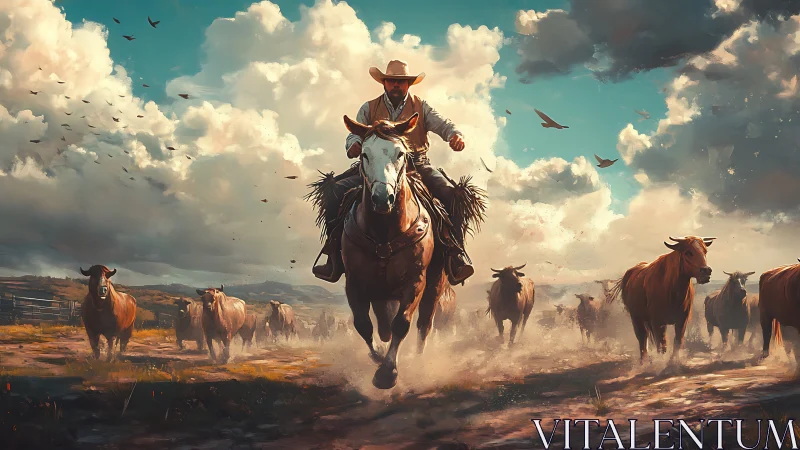 Dynamic cowboy on horseback drives cattle through dusty plain