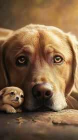 Close view of large dog with small puppy resting together.