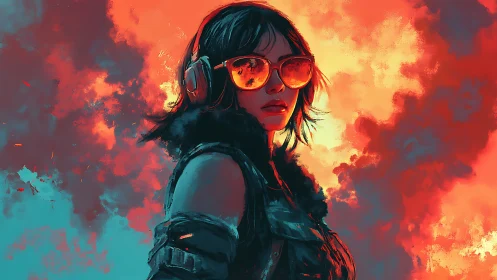 Chromatic vaporwave rebel in incendiary skyfield tableau.