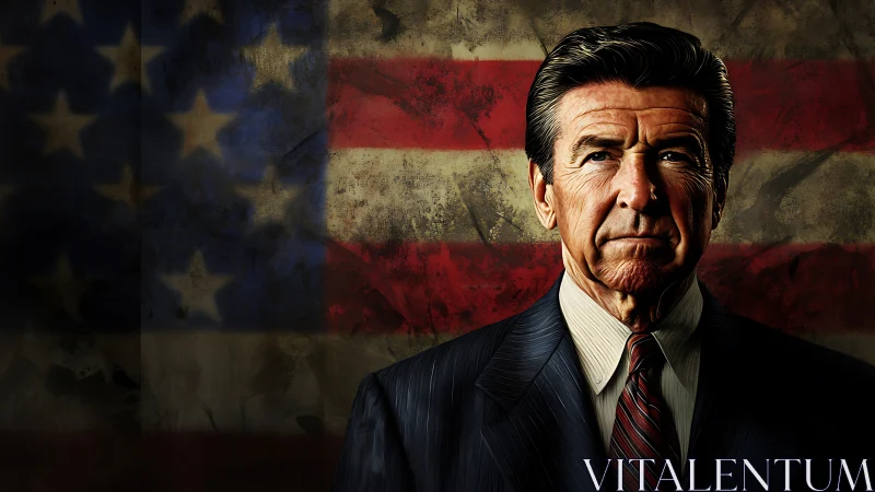 Digital portrait of stern suited man before distressed US flag