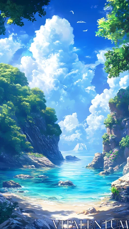 Quiet turquoise cove beneath towering daydream clouds.