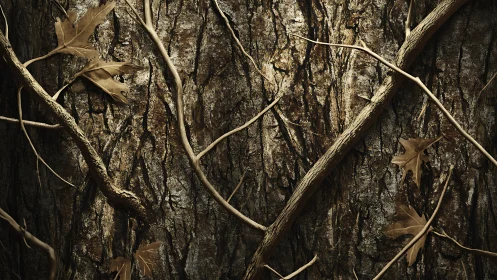 Quiet forest bark pattern with winding branches and leaves.