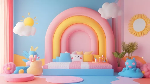 Whimsical pastel kids bedroom with rainbow arch and plush decor.