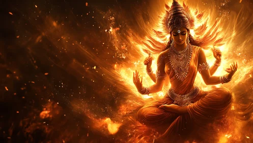 Flameborn goddess in radiant meditation amid swirling embers.