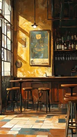 Sunlit rustic bar interior captures quiet morning stillness