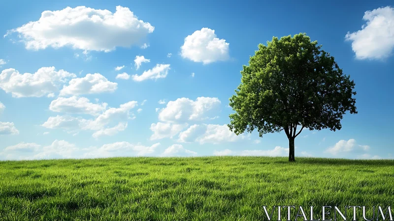 Lone green tree on grassy hill under blue sky with fluffy clouds.