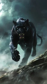 Aggressive Black Panther Charging Through Stormy Atmosphere.