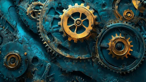 Gilded gears whisper time into a storm of teal steel