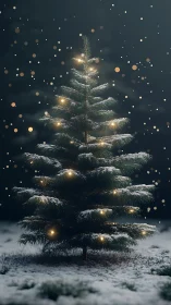 Snow covered evergreen tree with small warm lights at night.