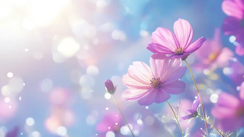 Soft pink cosmos flowers bathed in ethereal sunlight.