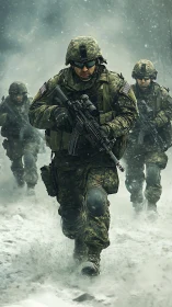 Armed soldiers advance through snowy battlefield conditions.