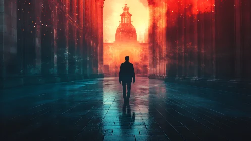 Solitary figure walks toward glowing city gateway of light